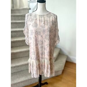 Loft Light Pink Tan Floral Paisley Ruffle Lace Trim Romantic Shift Dress
